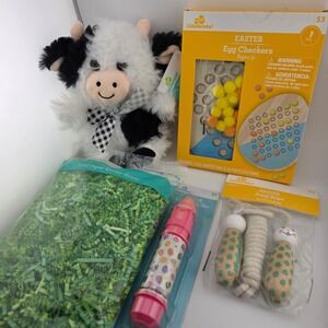Easter Basket Stuffer Lot 5pc Cow Plush Jump Rope Egg Checkers Grass Chalk